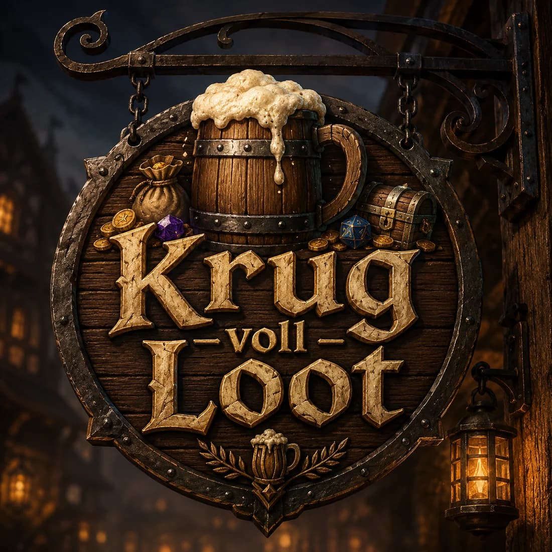 Das Wirtshausschild von Krug voll Loot: ein schäumender Holzkrug über Goldmünzen, Würfeln und einer Truhe